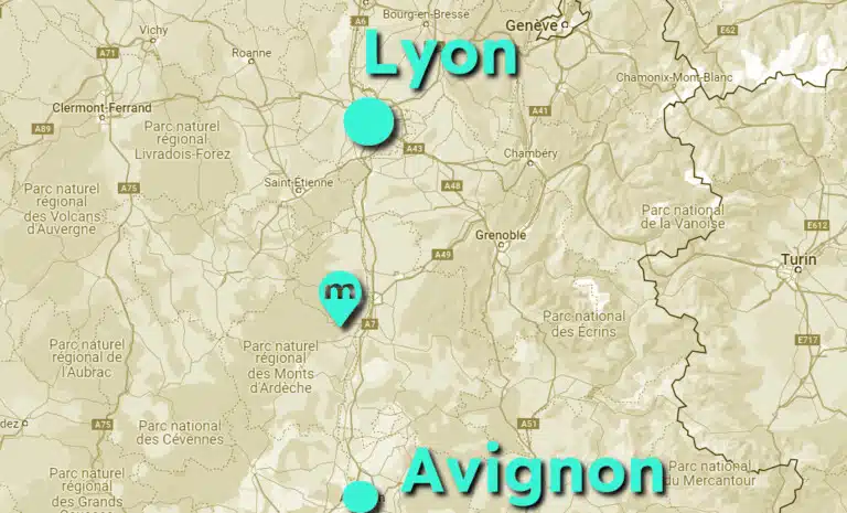Carte de situation de Maiz'in Ardèche, entre Lyon et Avignon